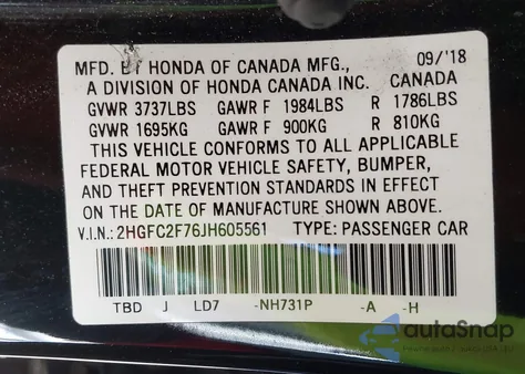 2018 Honda Civic Ex z USA, uszkodzony, nr VIN 2HGFC2F76JH605561